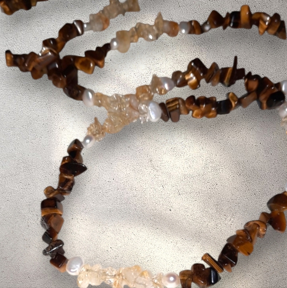 pearl, citrine Tigers eye gemstone nugget Chip necklace EUC goldtone clasp - Picture 2 of 14